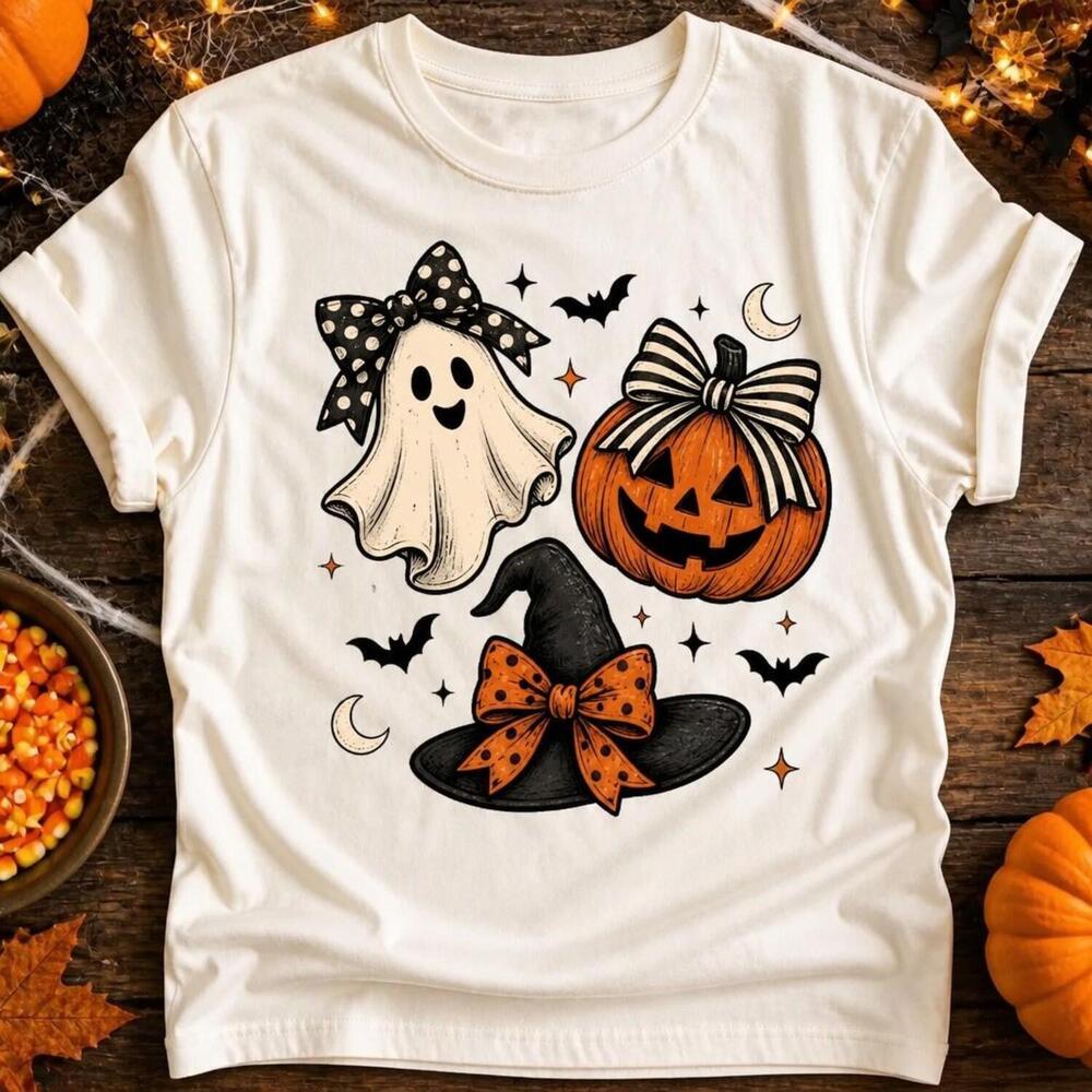 Cute Halloween Ghost Pumpkin Witch Hat T-Shirt Spooky Bow Illustration